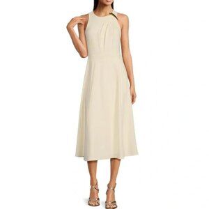 NEW Light Ivory sz 6 Donna Karan Cady Sleeveless Gold Brooch A-Line Midi Dress